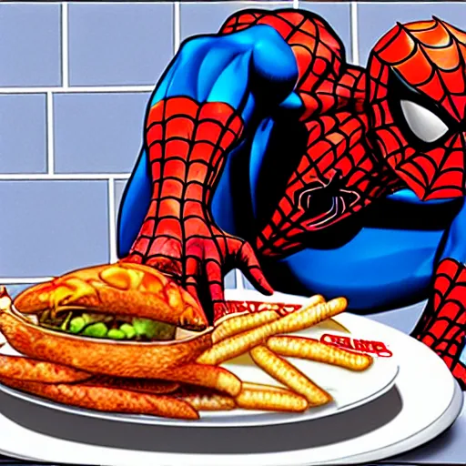 Image similar to spiderman eating greasy food from arby's restaurant, photorealistic, highly detailed,