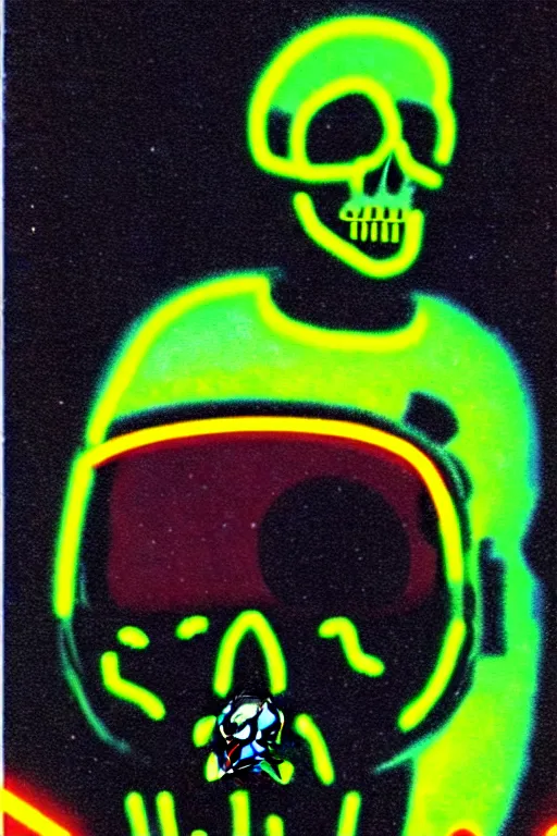 Image similar to astronaut with neon glowing skull 1 9 6 0 s color _ bleed _ video compression video glitch vhs footage akira kurosawa mamoru oshii wes anderson