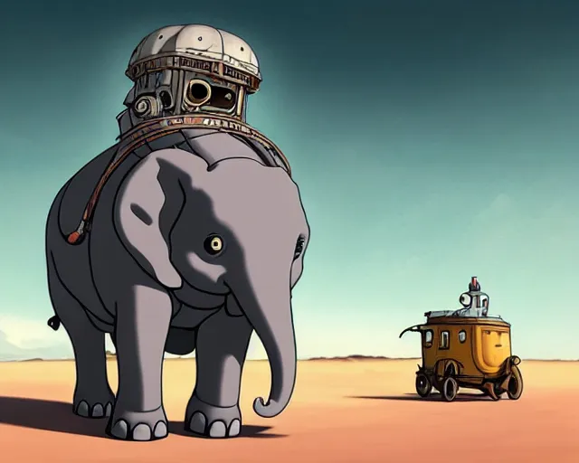 Prompt: a cell shaded cartoon tiny grey lovecraftian mechanized elephant from howl's moving castle ( 2 0 0 4 ), with a big head, on a desert road, wide shot, in front of a big moon, muted colors, post grunge, josan gonzales, wlop, by james jean, victor ngai, hq, deviantart, art by artgem