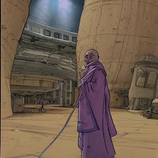 Image similar to Beggar priest in busy spaceport on luna 5 colony. Concept art by James Gurney and Mœbius.