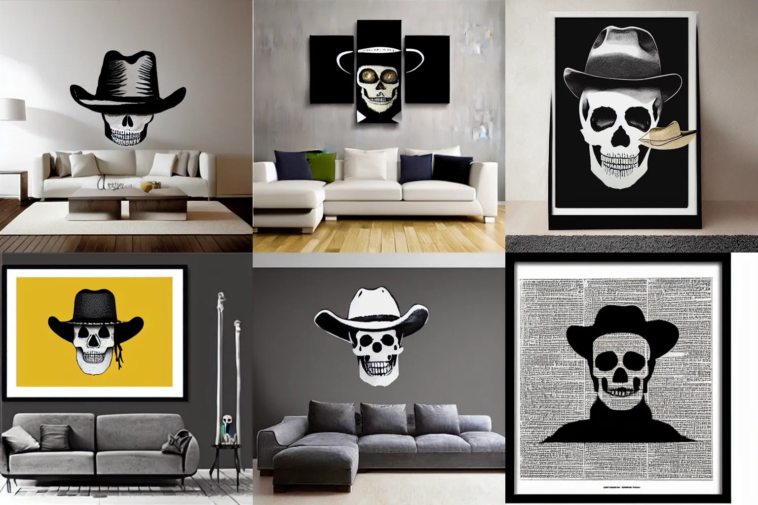 Prompt: beautiful artistic minimalistic skull in cowboy hat wall art by banksy