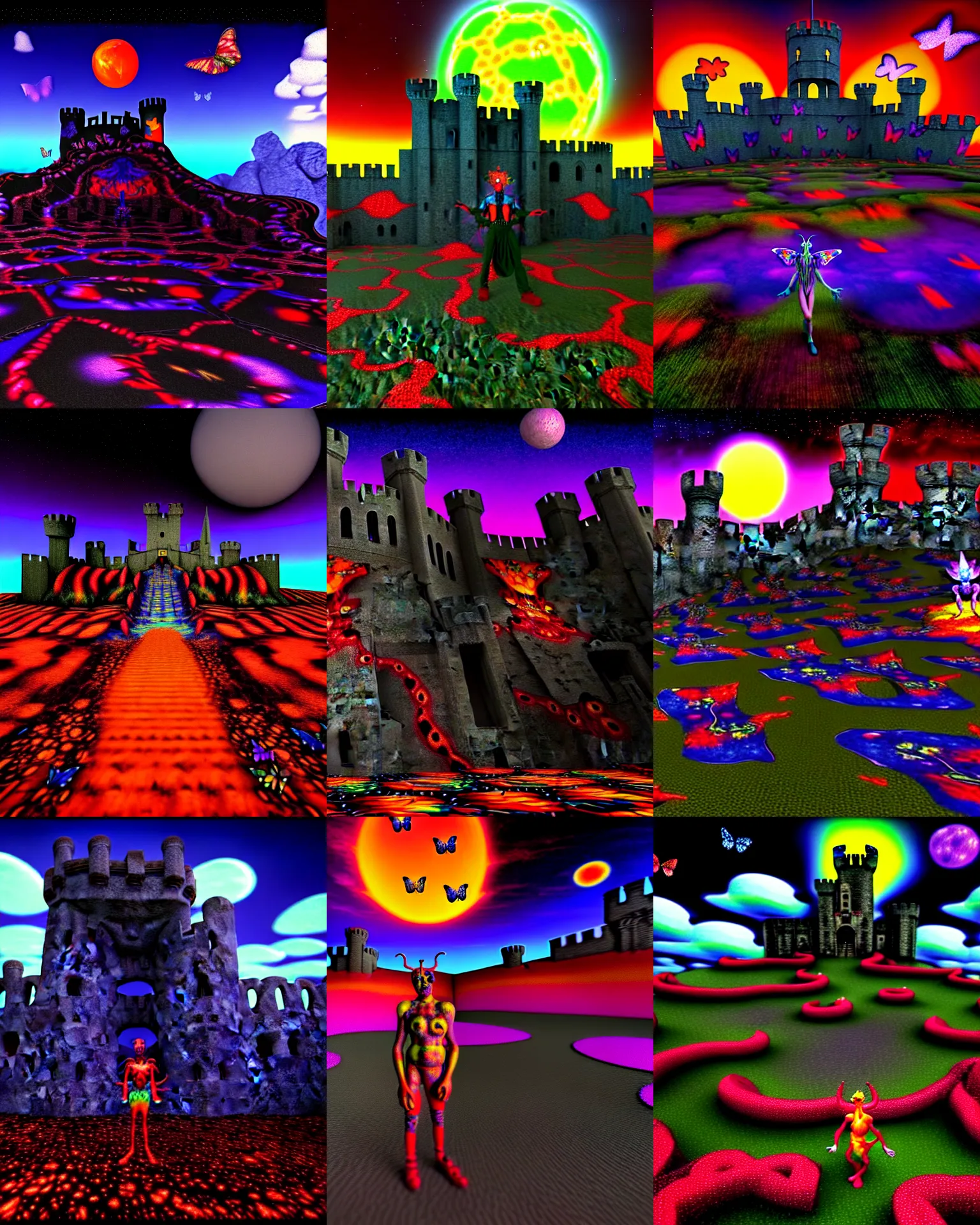 Prompt: early 3 d cgi render of hell jester standing in hell mountain landscape with castle ruins against a psychedelic surreal background with 3 d butterflies and 3 d flowers n the style of 1 9 9 0's cg graphics against the cloudy night sky, twisted metal playstation graphics, 3 do magazine, wide shot