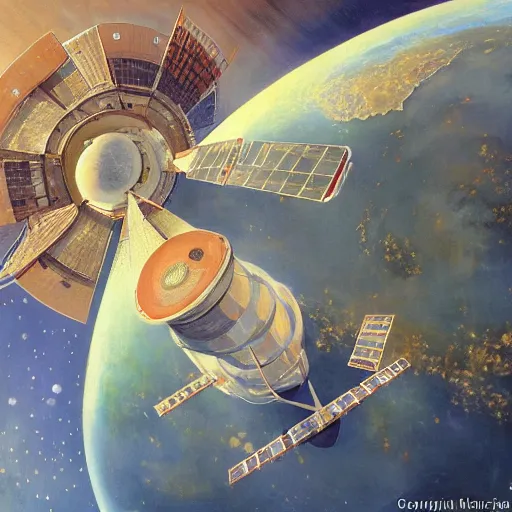 Prompt: a highly detailed beautiful portrait of circular space station with elevator connected to earth, by gregory manchess, james gurney, james jean