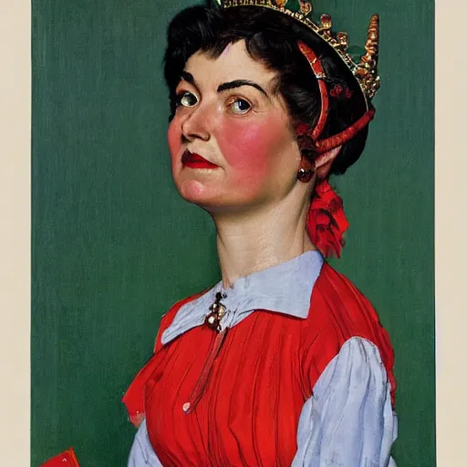 Image similar to Frontal portrait of a maximalist queen of fictional ethnicity. A painting by Norman Rockwell.