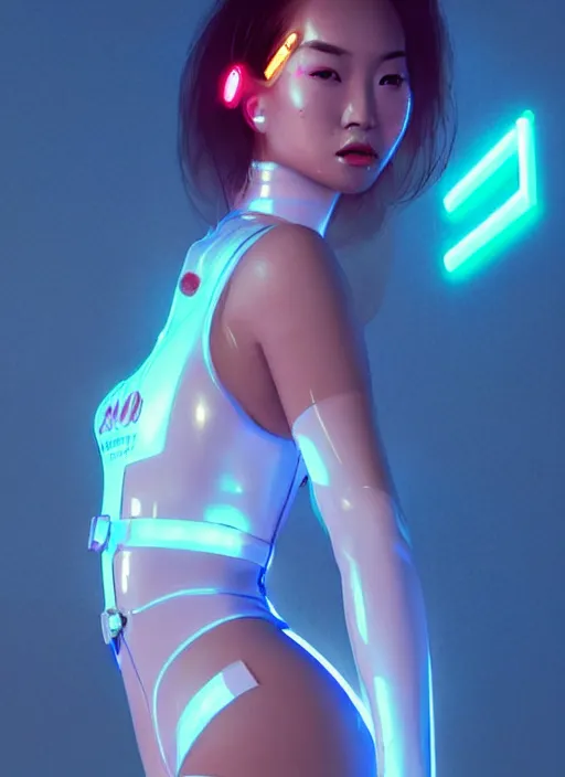 Image similar to a glamorous asian female humanoid with freckled cheeks, cyber neon lighting, futurism, cyberpunk glossy white latex swimsuit, profile posing, hyper photorealistic, crispy quality, digital photography, trending in artstation, trending in pinterest, cinematic, 4 k ultra hd, art by pascal blanche, art by greg rutkowski,