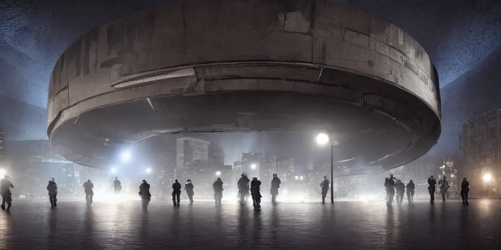 Image similar to policemen protect a huge spiral - shaped luminous object right in the center of the city from protesting people, night, rain and light fog, professional lighting, concept art in 3 d, high detail, professional lighting