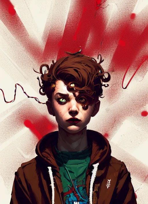 Image similar to highly detailed portrait of a sewer spiderman, tartan hoody, ringlet hair by atey ghailan, by greg rutkowski, by greg tocchini, by james gilleard, by joe fenton, by kaethe butcher, gradient red, brown, cream and white color scheme, grunge aesthetic!!! ( ( graffiti tag wall background ) )