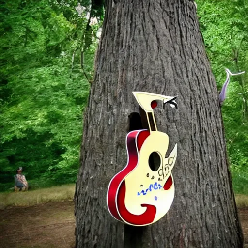 Prompt: metallic bird is playing guitar made of giant trees -n 9