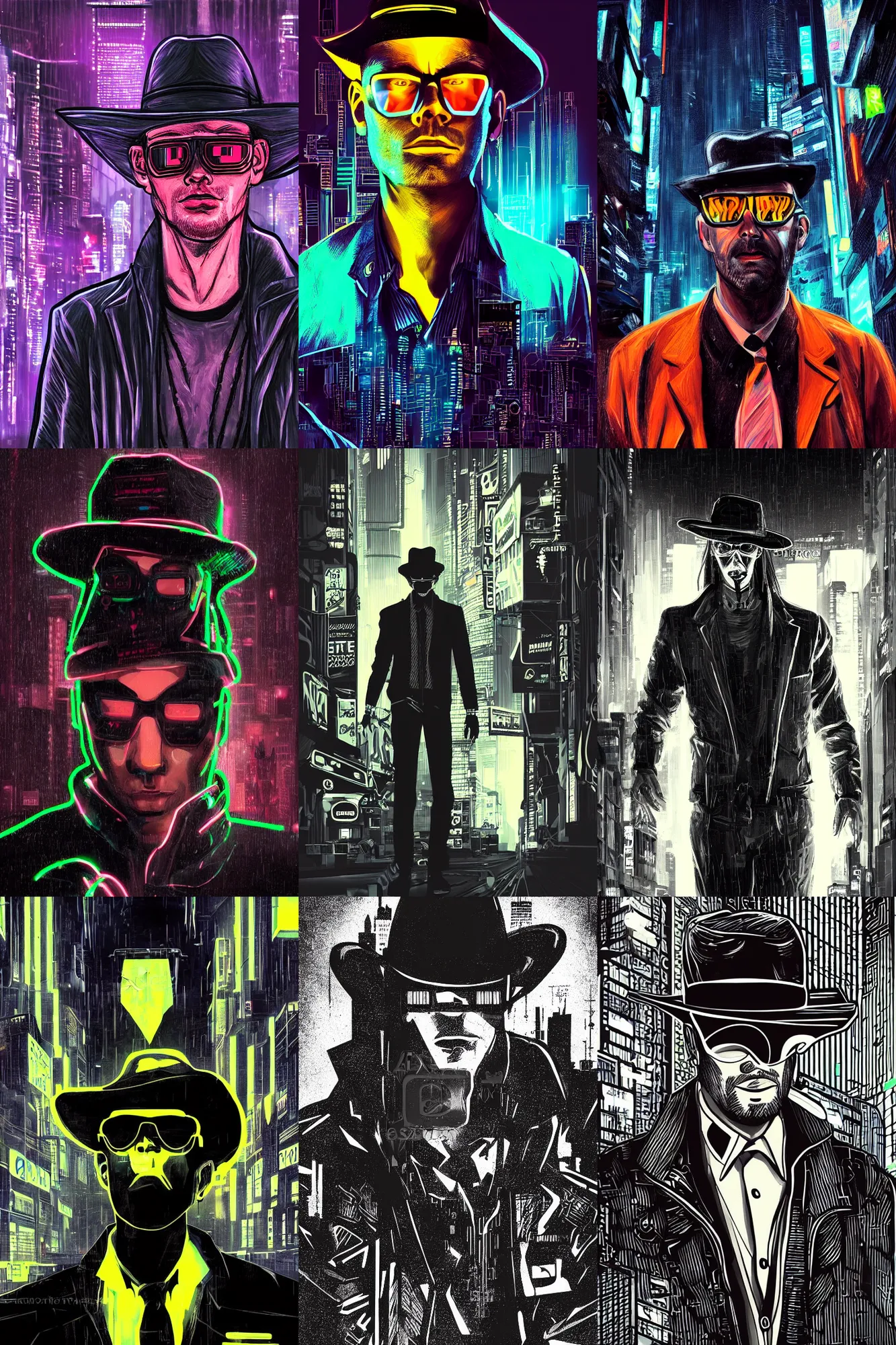 Prompt: portrait of detecive in the neon noir cyberpunk city man in black hat, epic portrait illustration