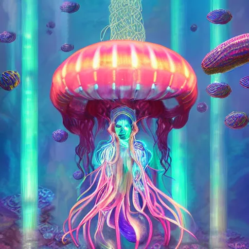 Prompt: iridescent portrait of the jellyfish goddess, jellyfish shrine maiden, jellyfish temple, undersea temple, underwater shrine, neon jellyfish, art by jarold Sng, by artgerm, by Eddie Mendoza, by Peter mohrbacher, by tooth wu, by trending on artstation, cgsociety unreal engine, octane render, cinematic light, high details, iridescent colors, macro, cyan and magenta, rainbow colors, cinematic top lighting, insanely detailed and intricate, Charlie Bowater, golden ratio, symmetric, elegant, ornate, luxury, elite, matte painting, cinematic, trending on cgsociety, 8k, high resolution