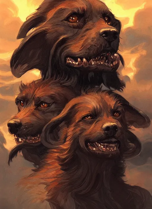 Prompt: cerberus three headed dog of the underworld, snarling hairy beast, sinister portrait, highly detailed, digital painting, artstation, concept art, matte, sharp focus, illustration, dramatic, cinematic sunset, hearthstone, art by artgerm and greg rutkowski and alphonse mucha