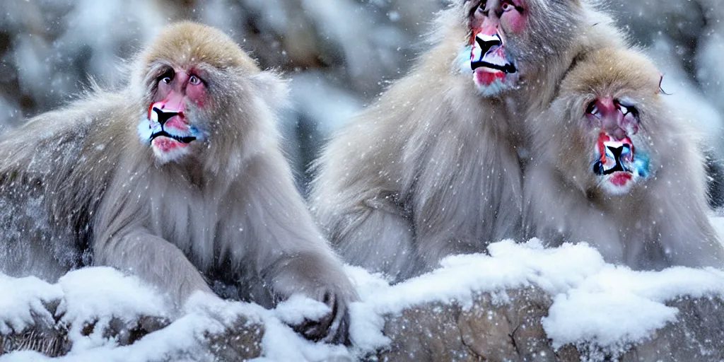 Prompt: (snow monkeys) at the mountain spa, muted color (blues, reds), steam, snow flurries, breath condensation, caring, family, digital, intelligent, smart, inquisitive, adorable, handsome, art by Steve Henderson