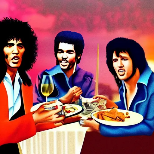 Prompt: fancy dinner in heaven, including elvis, jimi hendrix, and jim morrison, eating and drinking wine, ultra realistic, highly detailed, 4 k