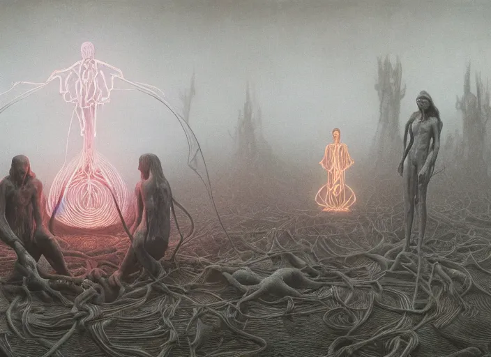 Prompt: satanic ritual, summoning the devil, neon, they are watching, RGB, glowing wires everywhere, pristine, by Edgar Maxence and Ross Tran, Zdzisław Beksiński, and Michael Whelan, distant, gustav dore, H.R. Giger, 8k, octane render