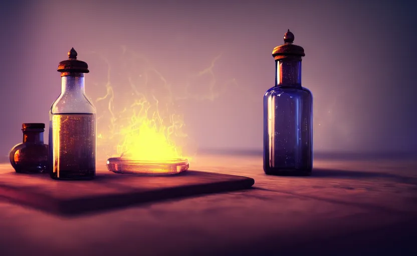 Image similar to a magic potion bottle on an alchemists table, dynamic lighting, ambient lighting, atmospherical, photorealistic fantasy concept art, trending on art station, stunning visuals, creative, cinematic, ultra detailed