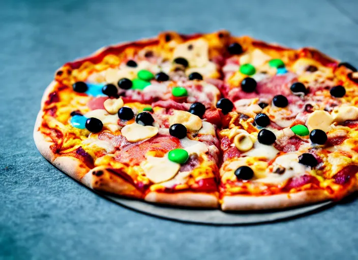 Prompt: dslr food photograph of pizza with gumball and peanut butter toppings, 8 5 mm f 1. 8