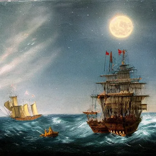 Image similar to moonlit ocean, stars in sky, pirate ship flying in the sky by peter balke