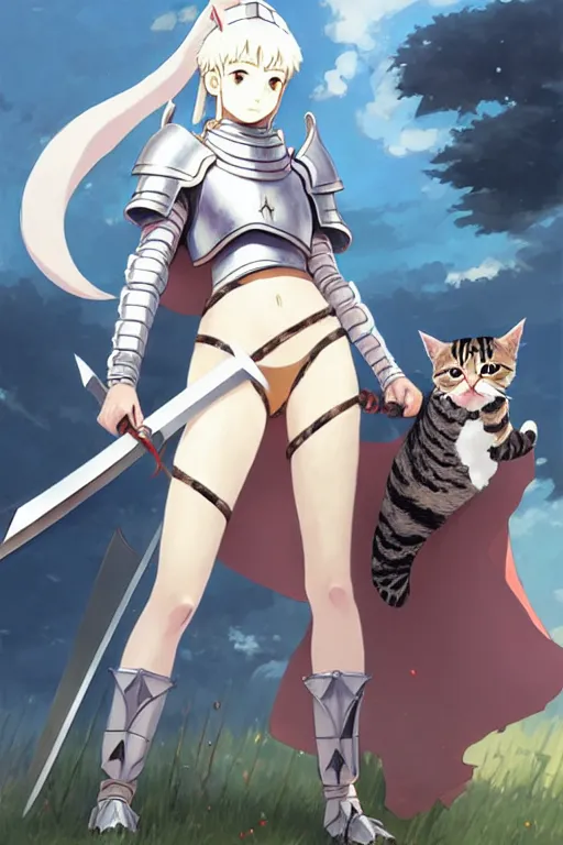 Prompt: a full body of the female knight with a cat on her head with gigantic sword, finely detailed features, closeup at the faces, perfect art, gapmoe yandere grimdark, trending on pixiv fanbox, painted by miura kentaro greg rutkowski makoto shinkai takashi takeuchi studio ghibli, akihiko yoshida