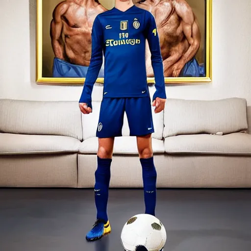 Image similar to a realistic detailed photo of a guy who is an attractive humanoid who is half robot and half humanoid, who is a male android, soccer player martin ødegaard, shiny skin, posing like a statue, blank stare, in a living room, on display, showing off his muscles, gold soccer shorts