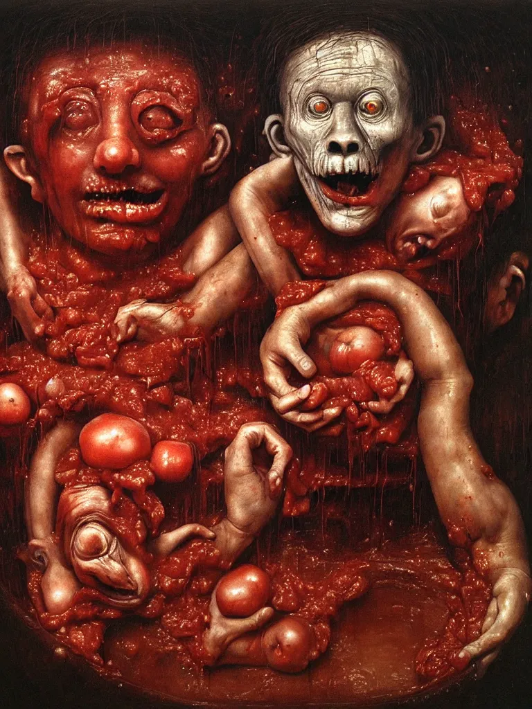 Prompt: a boy like eraserhead and elephant man sitting in a tub full of tomato sauce, looking straight into camera, screaming in desperation, baptist ritual, by giuseppe arcimboldo and ambrosius benson, renaissance, fruit, intricate and intense oil paint, a touch of beksinski and hr giger and edward munch, realistic