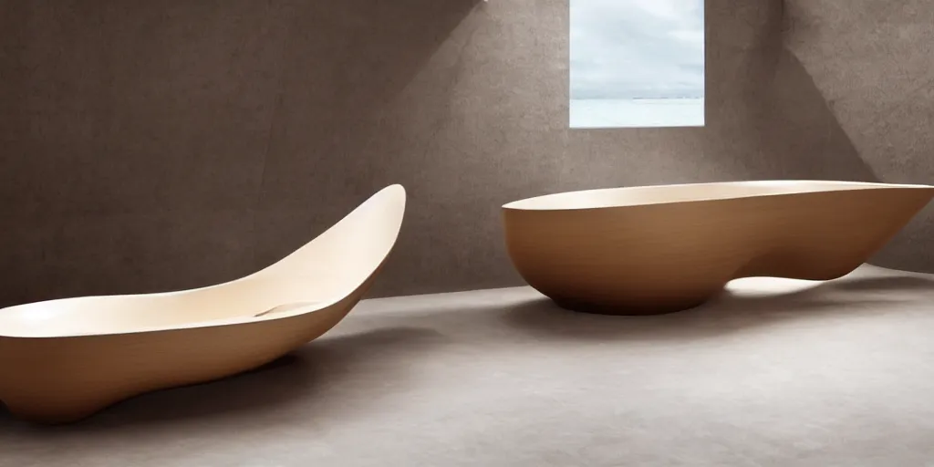 Prompt: wooden bathing tub designed by zaha hadid, product image, photography