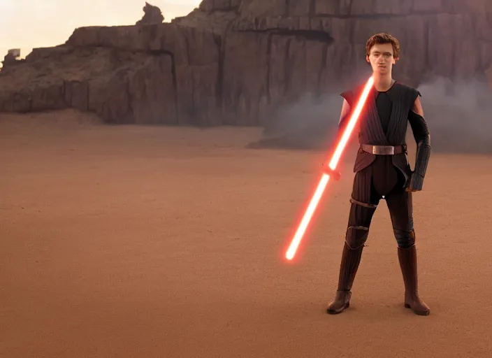 Image similar to tom holland plays anakin skywalker in the live action remake of star wars revenge of the sith, 3 5 mm photography, highly detailed, cinematic lighting, standing pose, holding lightsaber 4 k