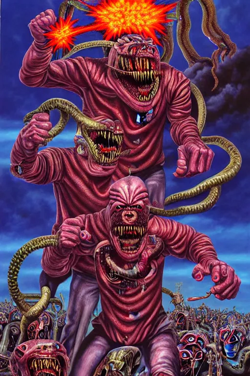 Image similar to a hyperrealistic painting of iron maidens eddie an epic boss fight against money devouring democratic politician demons, cinematic horror by chris cunningham, lisa frank, richard corben, highly detailed, vivid color,