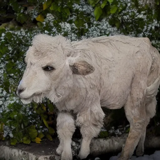 Image similar to lamb and goat fused as one, scientific photo, disfigured horror