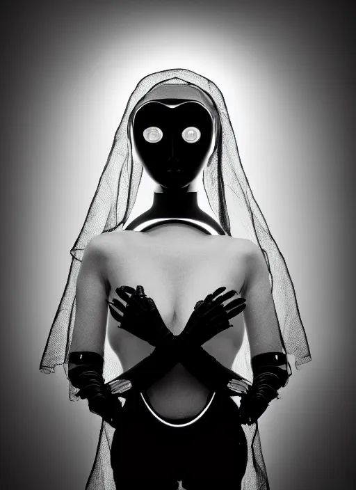 Image similar to surreal mythical dreamy dark artistic black and white fine art fashion portrait photo of a young beautiful delicate female robot - owl - nun praying, spiritual, halo, glory, rim light, cinematic, studio dramatic light, poetic, masterpiece, octane render, 8 k, photo - realistic by william bouguereau man ray