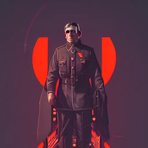 Image similar to cyberpunk adolf hitler as the leader of a futuristic communist nation, cybernetics, sharp lines, digital, artstation, colored in