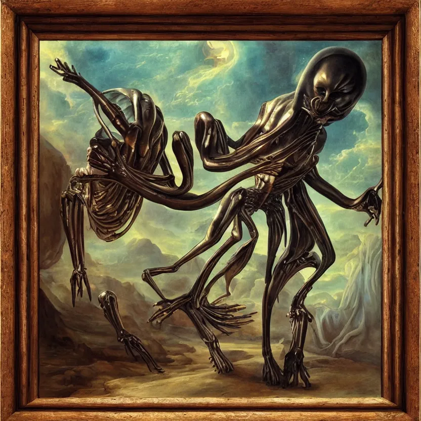 Image similar to an alien reaching through a framed painting, pulp sci - fi art. baroque period, oil on canvas. renaissance masterpiece