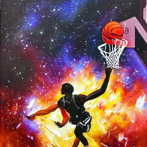 Image similar to an expressive oil painting of a basketball player dunking, depicted as an explosion of a nebula