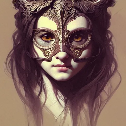 Image similar to A girl wearing an owl mask, face, detailed, intricate, elegant, highly detailed, digital painting, artstation, concept art, smooth, sharp focus, illustration, art by Krenz Cushart and Artem Demura and alphonse mucha