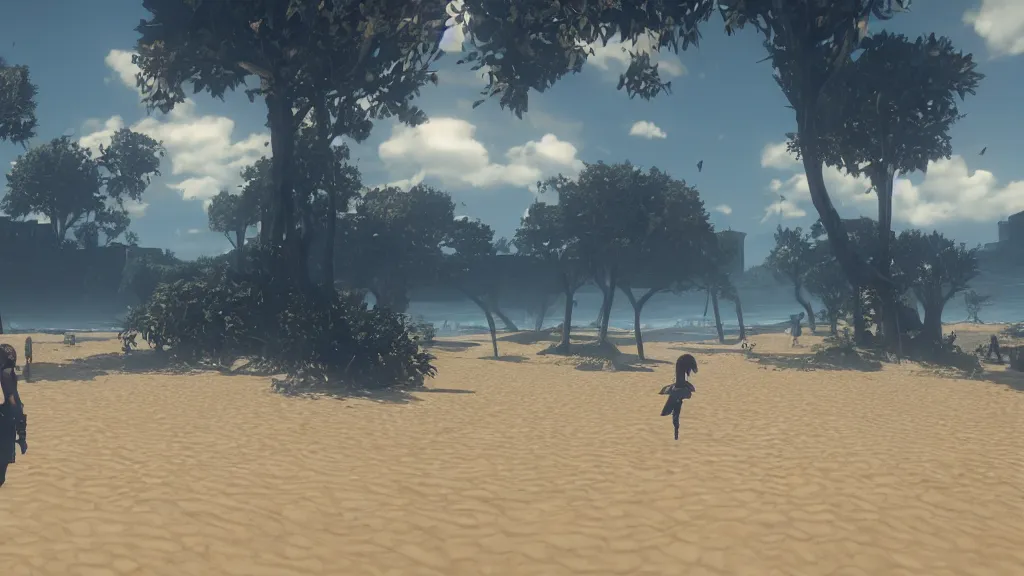 Prompt: Screenshot from Nier Automata, beautiful landscape at a beach