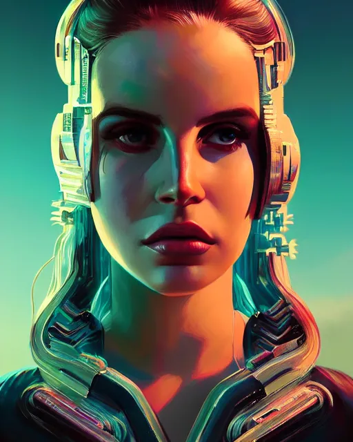 Image similar to portrait of lana del rey as a cyborg. intricate abstract. intricate artwork, by tooth wu, wlop, beeple, dan mumford. concept art, octane render, trending on artstation, greg rutkowski very coherent symmetrical artwork. cinematic, key art, hyper realism, high detail, octane render, 8 k, iridescent accents