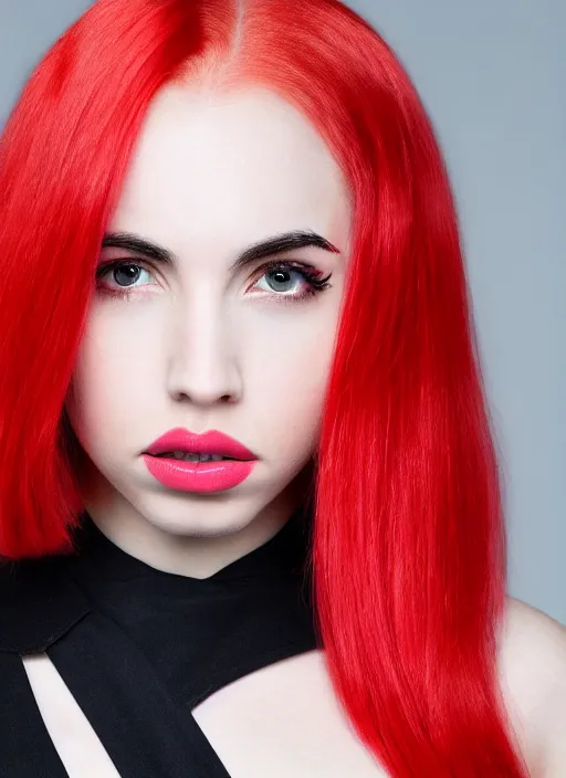 Image similar to ava max bright red hair photographed by charlotte rutherford, canon, highly realistic. high resolution. highly detailed. dramatic. 8 k. 4 k.