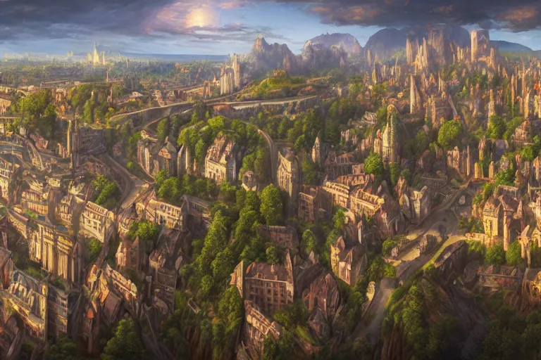 Image similar to an ultra detailed matte landscape painting of an german renaissance capital city built into the side of a mountain with many tall spirally towers, sweeping vista, german renaissance architecture, ultrawide lens, aerial photography, 8 k, volumetric lighting, smooth, highly detailed, digital illustration, art by greg rutkowski and akira toriyama and artgerm, pixv