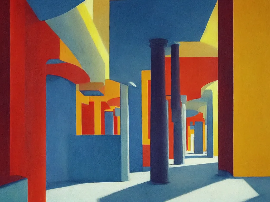 Image similar to colorful minimalist industrial interior hallway with monolithic pillars in the style of ridley scott and stanley kubrick, impossible stijl architecture, lone silhouette in the distance, ultra view angle view, realistic detailed painting by edward hopper