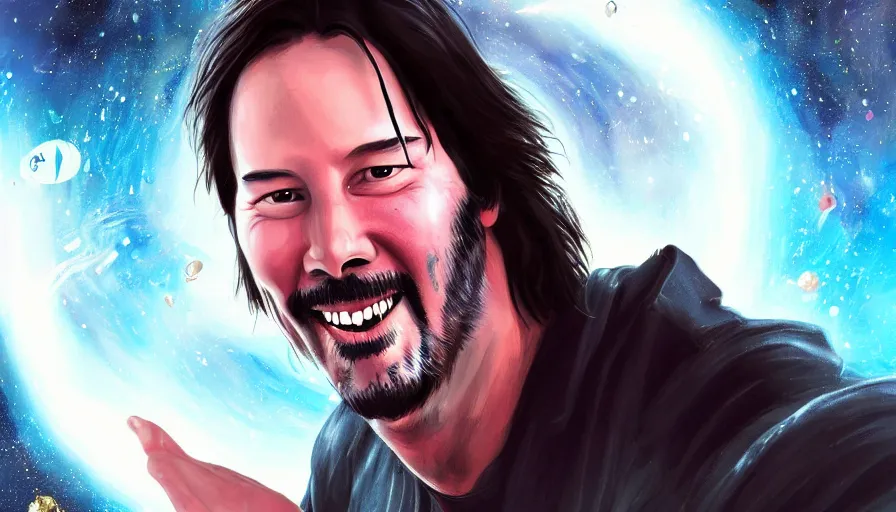 Image similar to a terrified looking Keanu reeves floating in space with a big smile, digital art, artstation, artgem