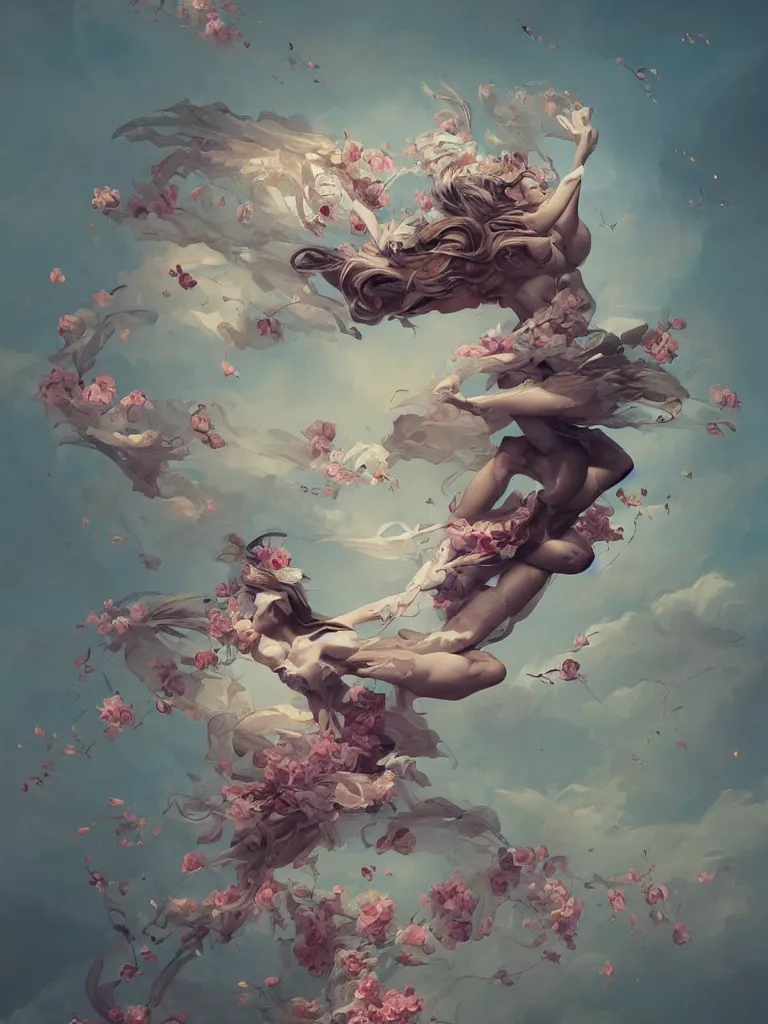 Prompt: a portrait of a body flying through the sky covered in flowers in a dynamic pose, in the style of peter mohrbacher, highly detailed, soft lighting, art nouveau patterns, trending on artstation