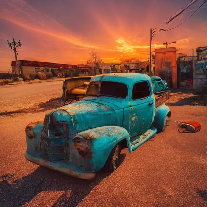 Image similar to a sunset light landscape with historical route 6 6, lots of sparkling details and sun ray ’ s, blinding backlight, smoke, volumetric lighting, colorful, octane, 3 5 mm, abandoned gas station, old rusty pickup - truck, beautiful epic colored reflections, very colorful heavenly, softlight