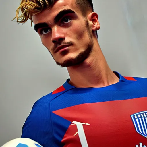 Prompt: a realistic detailed photo of a guy who is an attractive humanoid who is half robot and half humanoid, who is a male android, soccer player antoine griezmann, shiny skin, posing like a statue, blank stare, in a living room, on display, showing off his muscles