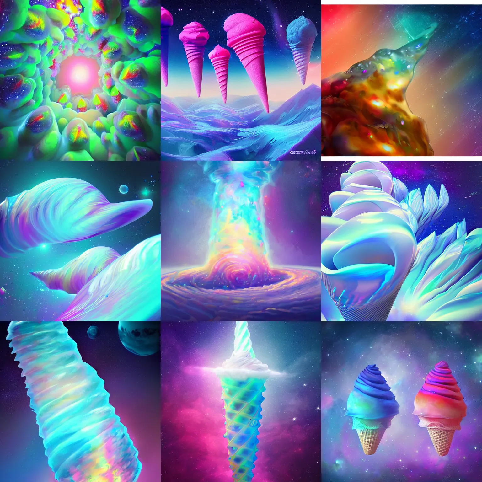 Prompt: beautiful cosmic ice cream cones, beautiful dreamscape, digital art, concept art, detailed, lovely colors, art station 3 d, 4 k beautiful