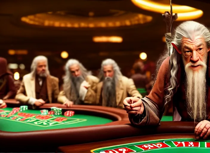 Prompt: film still of gandalf gambling in a casino in new lord of the rings movie, 8 k