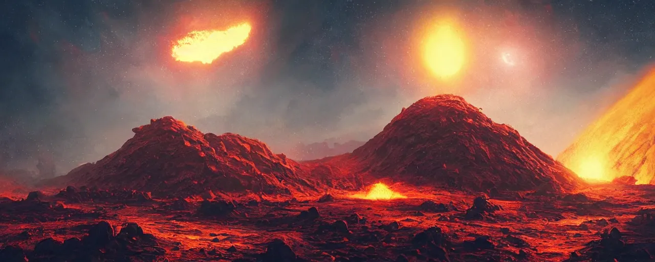 Image similar to ” outer planet with erupting volcanoes, [ art by paul lehr, cinematic, detailed, epic, widescreen, opening, establishing, mattepainting, photorealistic, realistic textures, octane render ] ”