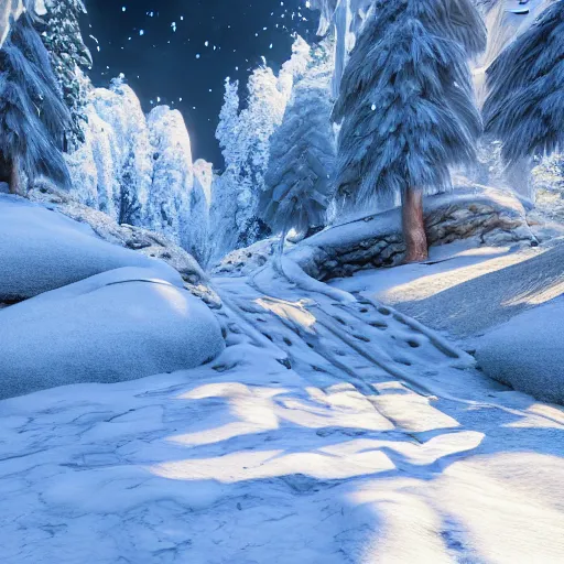 Prompt: a snow dragon on a path in a snowy montain. modern ultra realistic graphics and ray - tracing, atmosphere, octane render, depth of field, unreal engine 5, full of color, ultra high detail, ultra realistic, 8 k