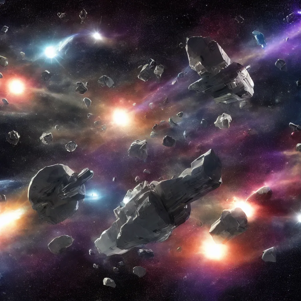 Image similar to galactic space fleet flying safely into an asteroid belt, 8 k resolution