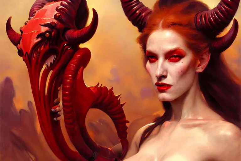 Image similar to painted close - up portrait of a very attractive red - skinned intimidating demon alien queen with ram horns! oil painting, wearing a noblewoman's outfit, fantasy art by john singer sargent and gaston bussiere and james jean and greg rutkowski, demon noble character design, hd