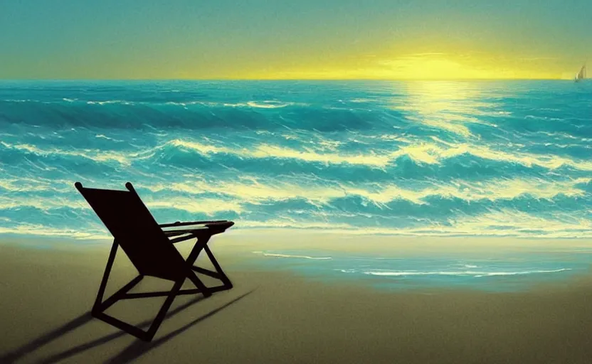 Image similar to silhouette painting of a beach chair at sunset with ocean waves in background, natural light, concept art, by greg rutkowski, cozy atmospheric and cinematic lighting