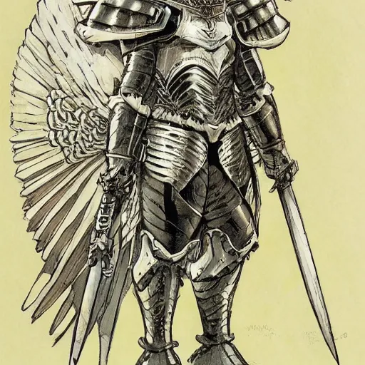 Image similar to barn owl warrior wearing an armor,small horns like a crown in the head, by Takeshi Obata